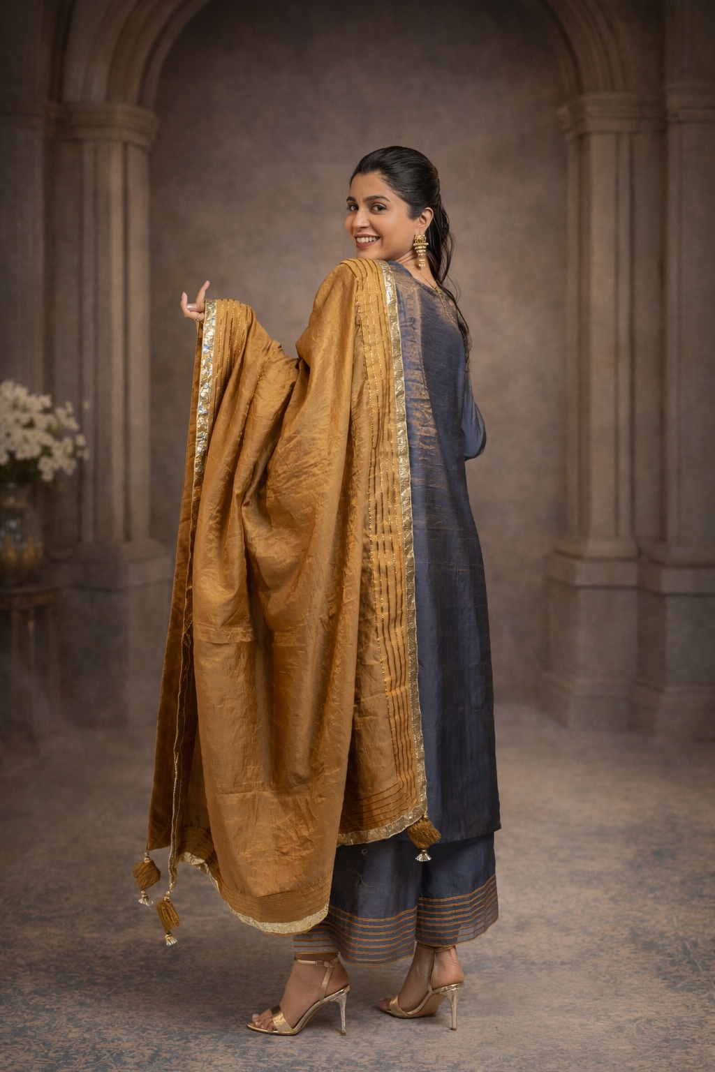 Metallic Bluish Grey Tissue Salwar Suite