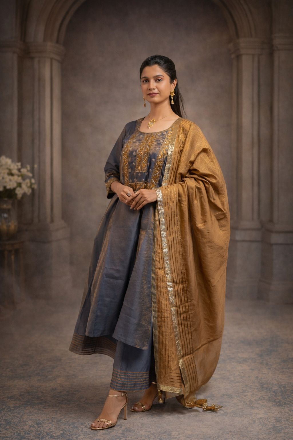 Metallic Bluish Grey Tissue Salwar Suite