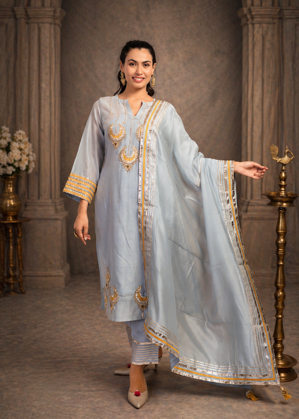 Powder Blue Yellow Kurta Set