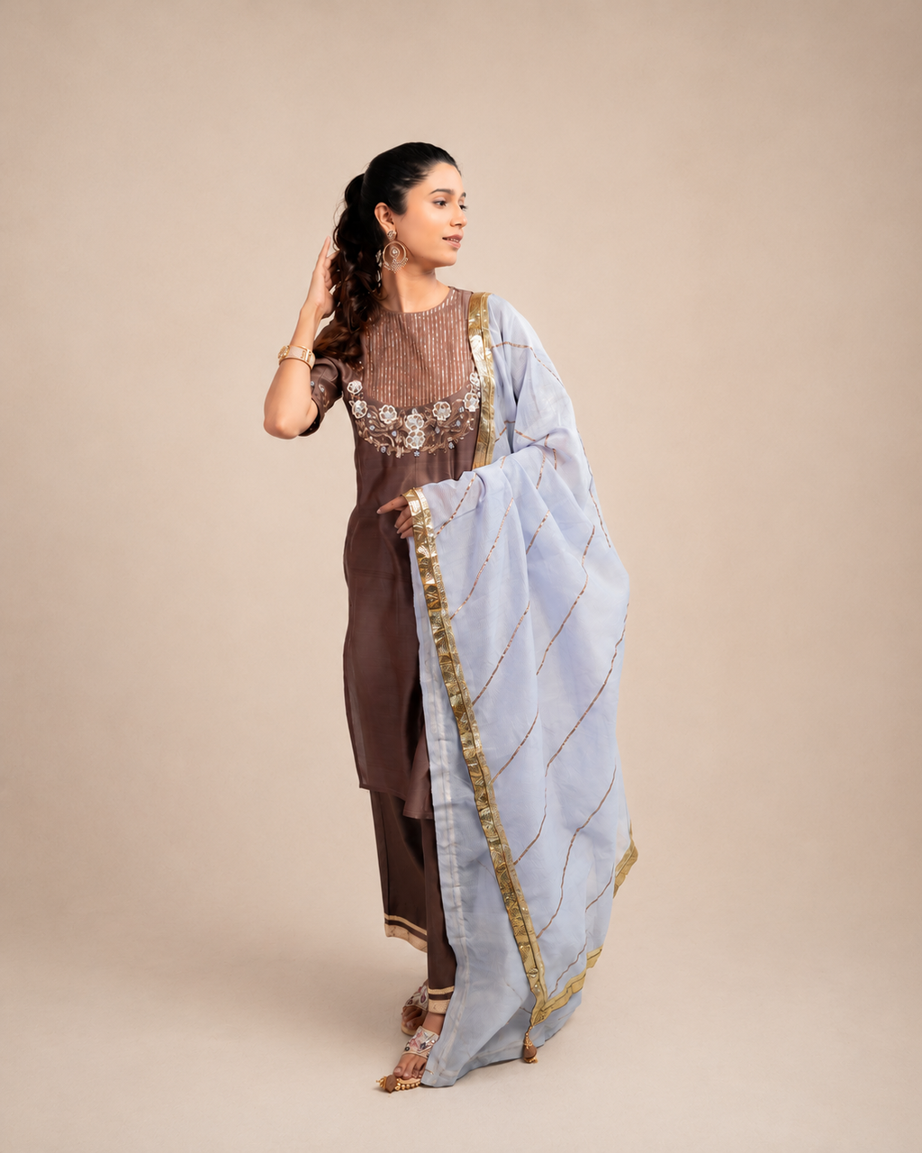 Coffee Brown Kurta Set with Blue dupatta