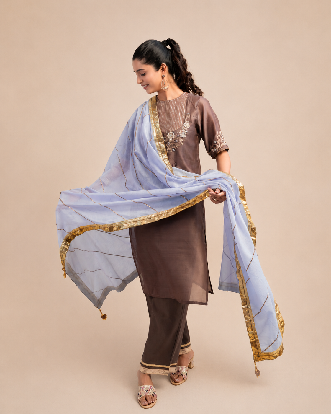 Coffee Brown Kurta Set with Blue dupatta