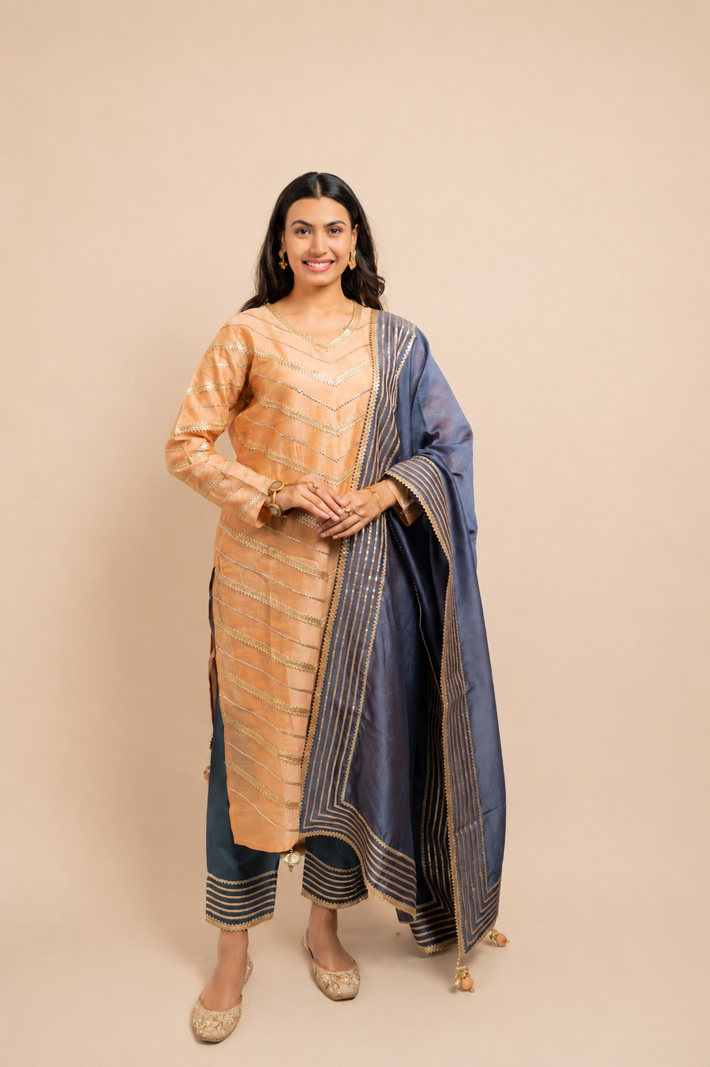 Peach and Grey Kurta Set