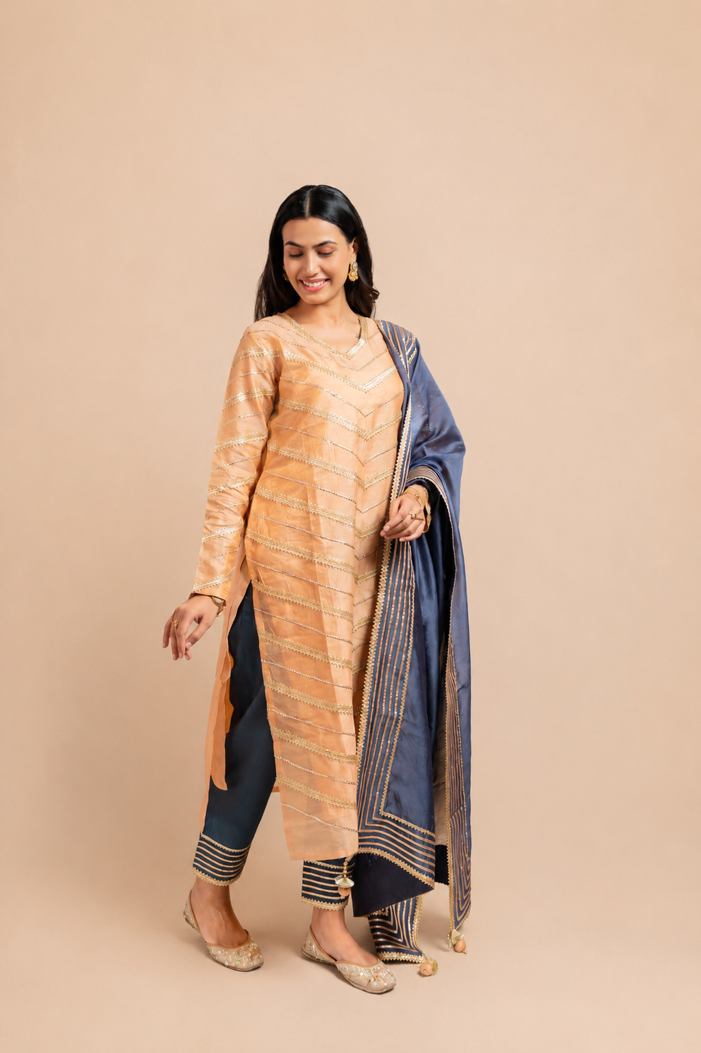Peach and Grey Kurta Set