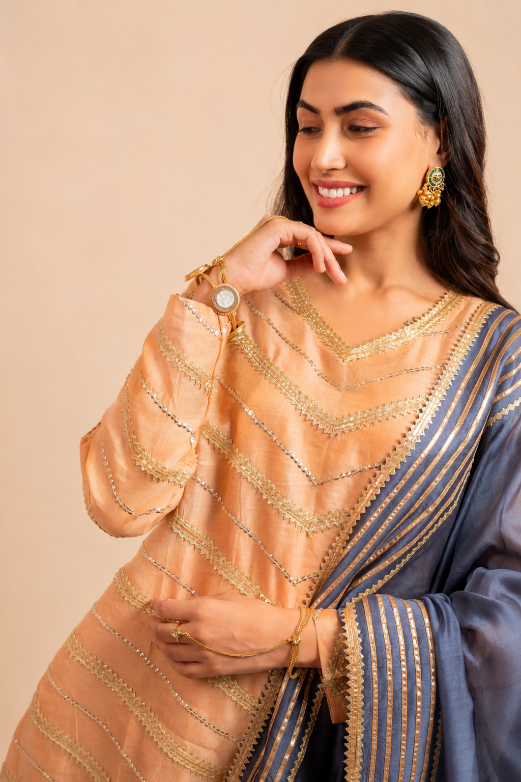 Peach and Grey Kurta Set