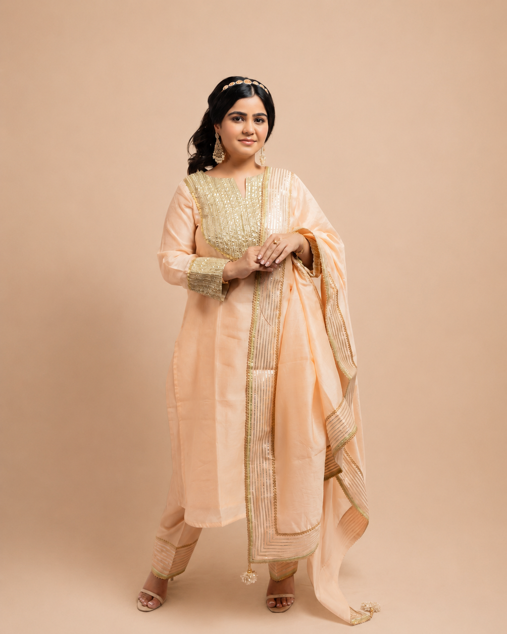 Peach and Green Kurta Set