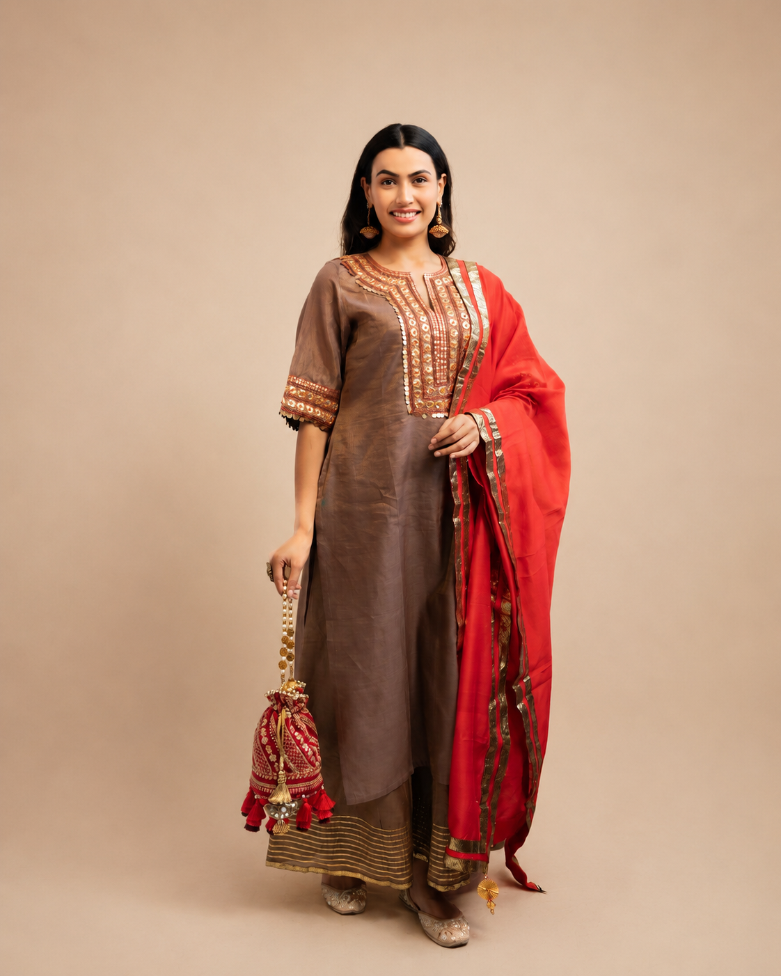 Copper Tissue Kurta Set with Red Dupatta