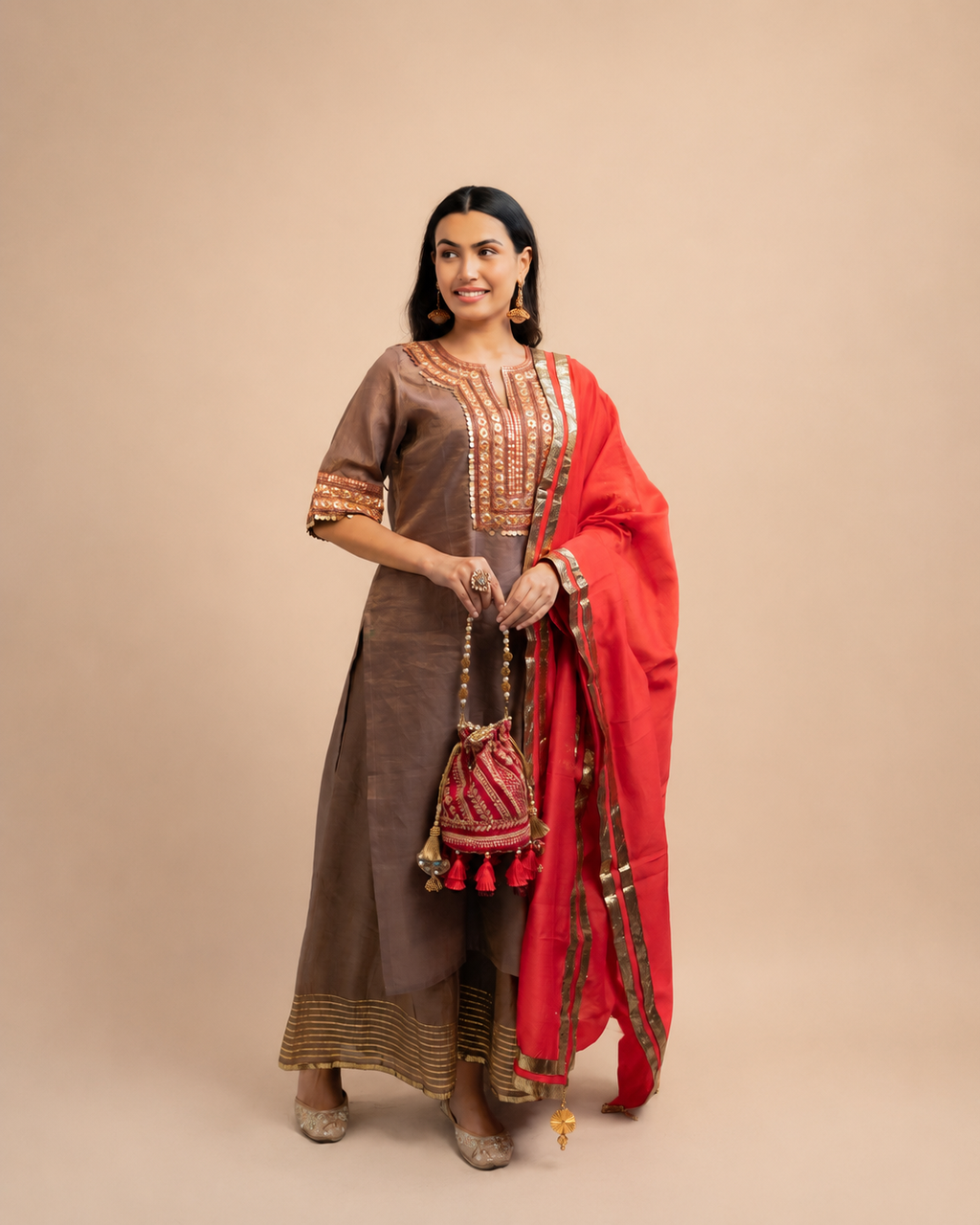 Copper Tissue Kurta Set with Red Dupatta