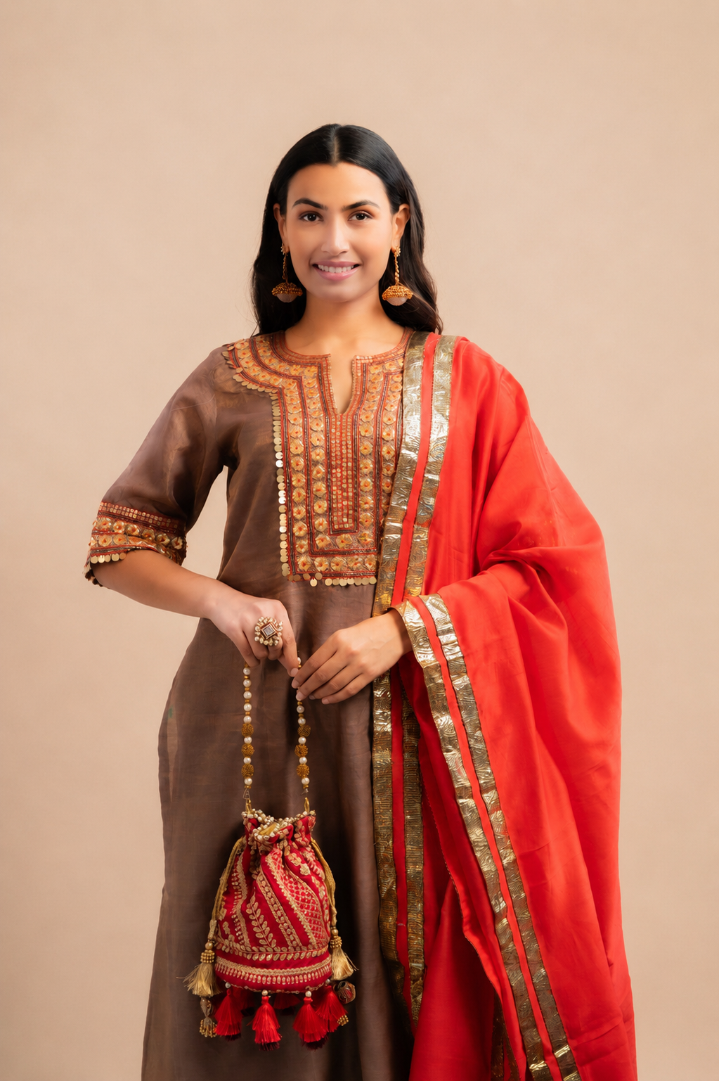 Copper Tissue Kurta Set with Red Dupatta