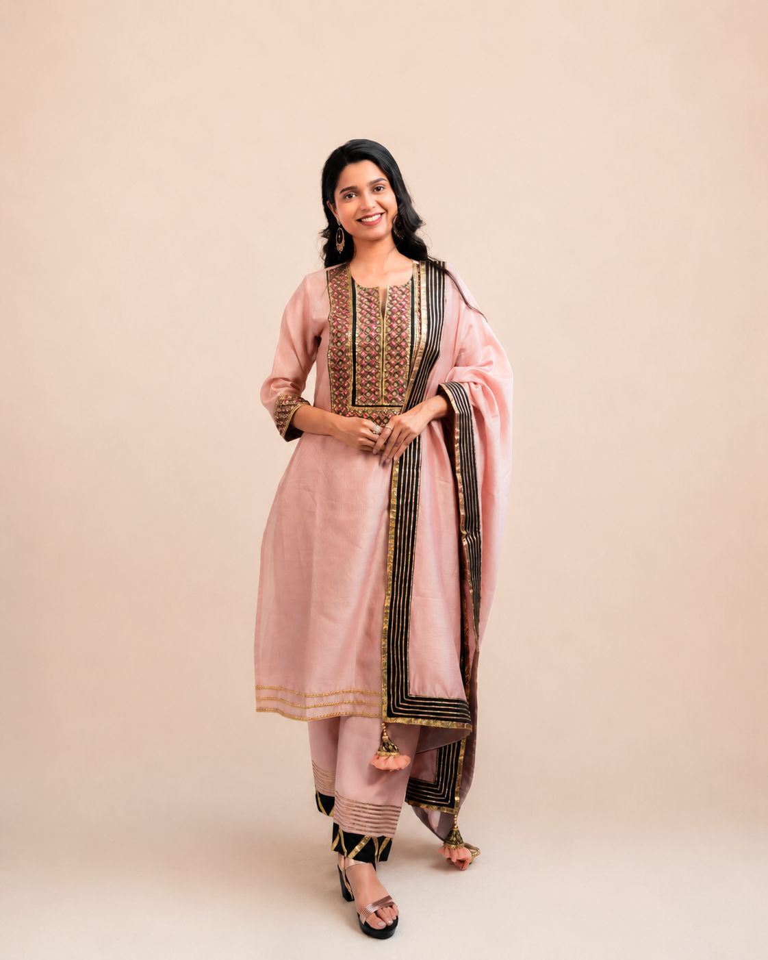 Blush Pink and Black Kurta Set