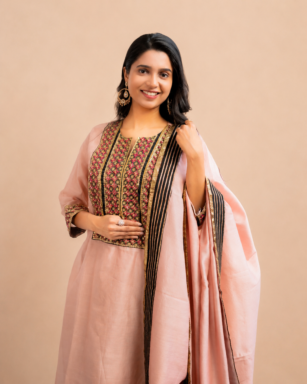 Blush Pink and Black Kurta Set