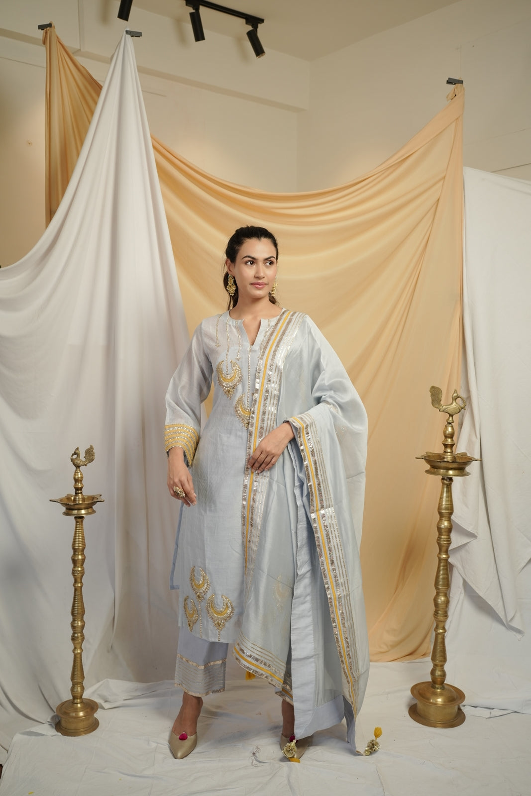 Powder Blue Yellow Kurta Set