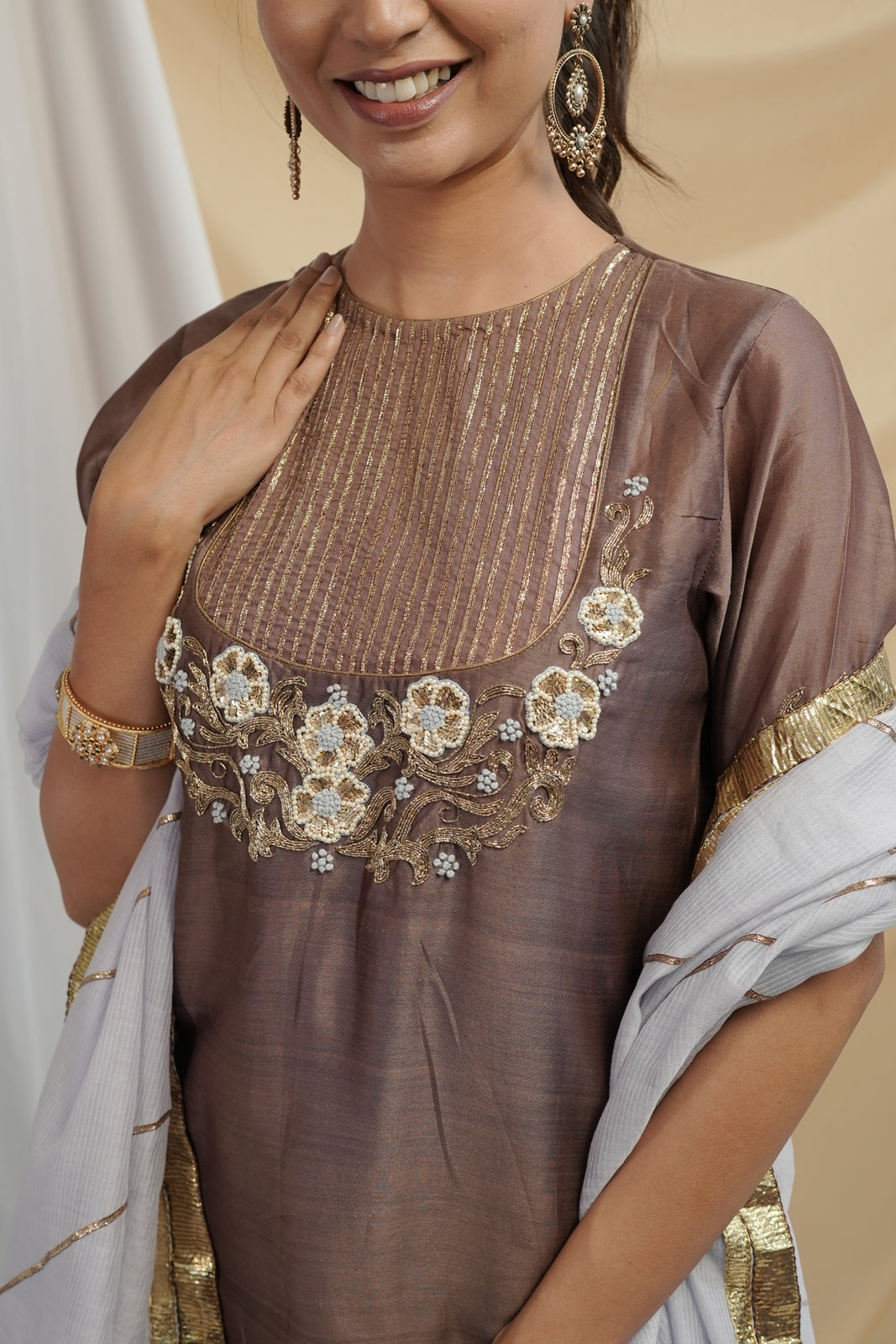 Coffee Brown Kurta Set with Blue dupatta