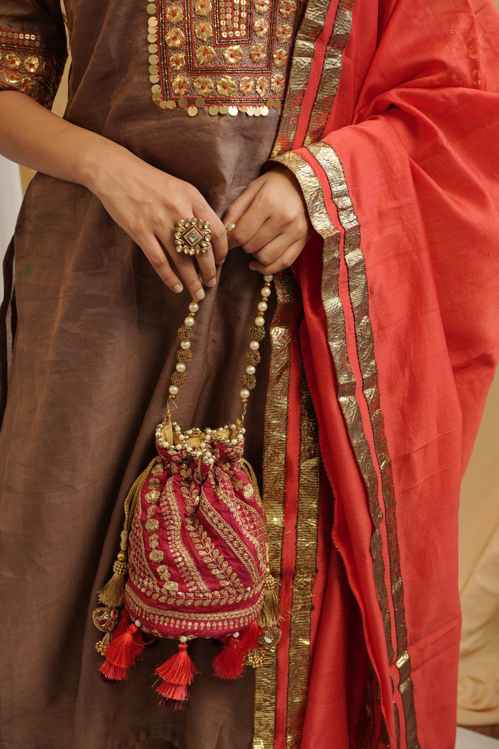 Copper Tissue Kurta Set with Red Dupatta