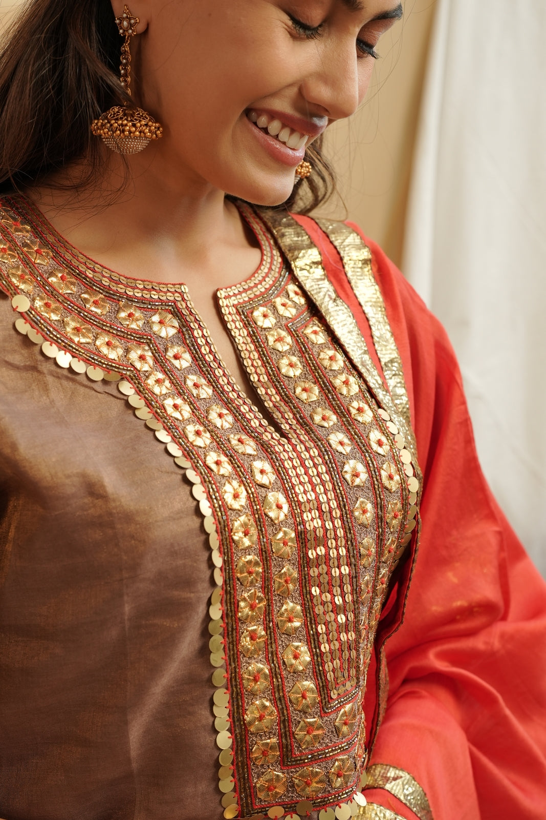 Copper Tissue Kurta Set with Red Dupatta