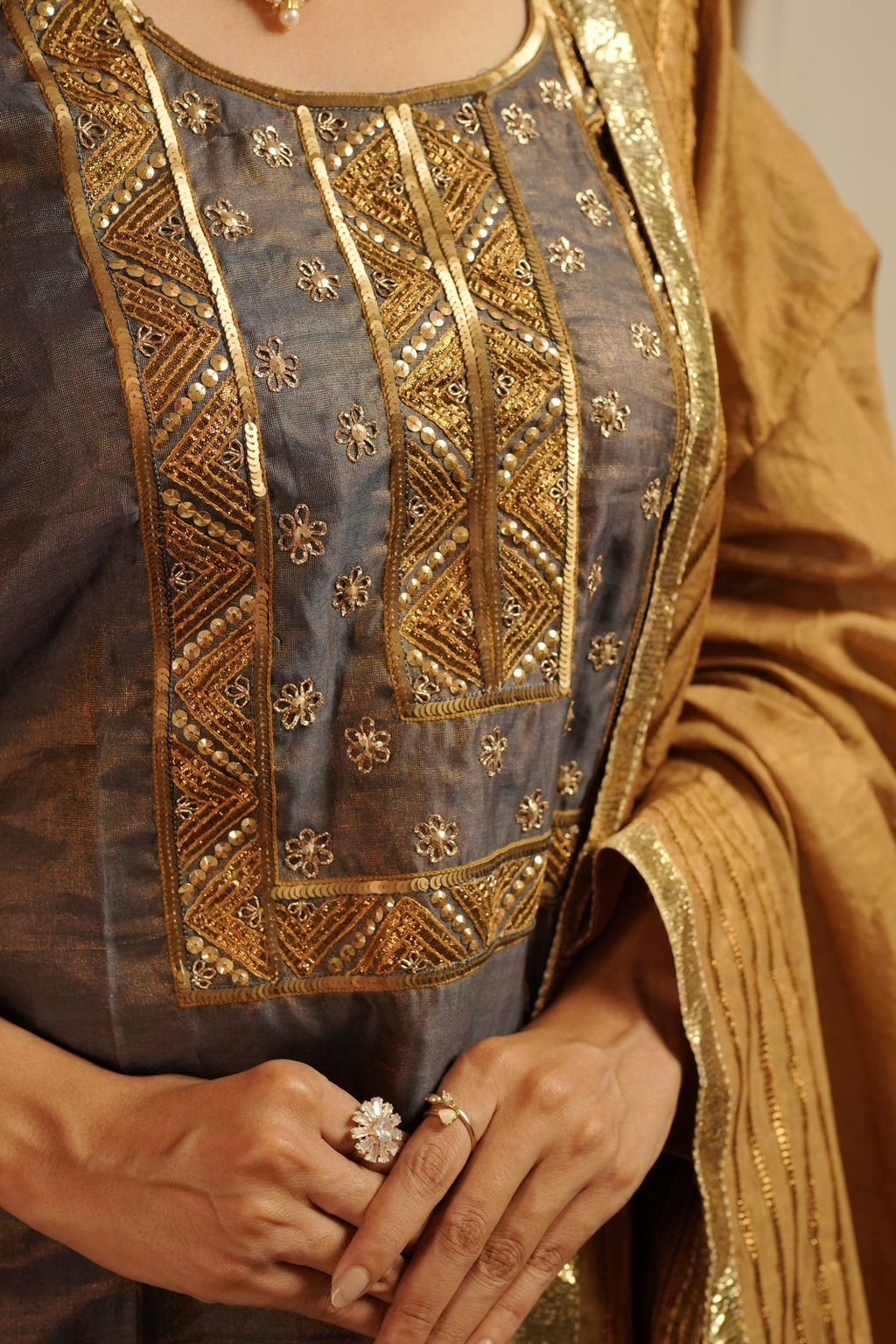 Metallic Bluish Grey Tissue Salwar Suite