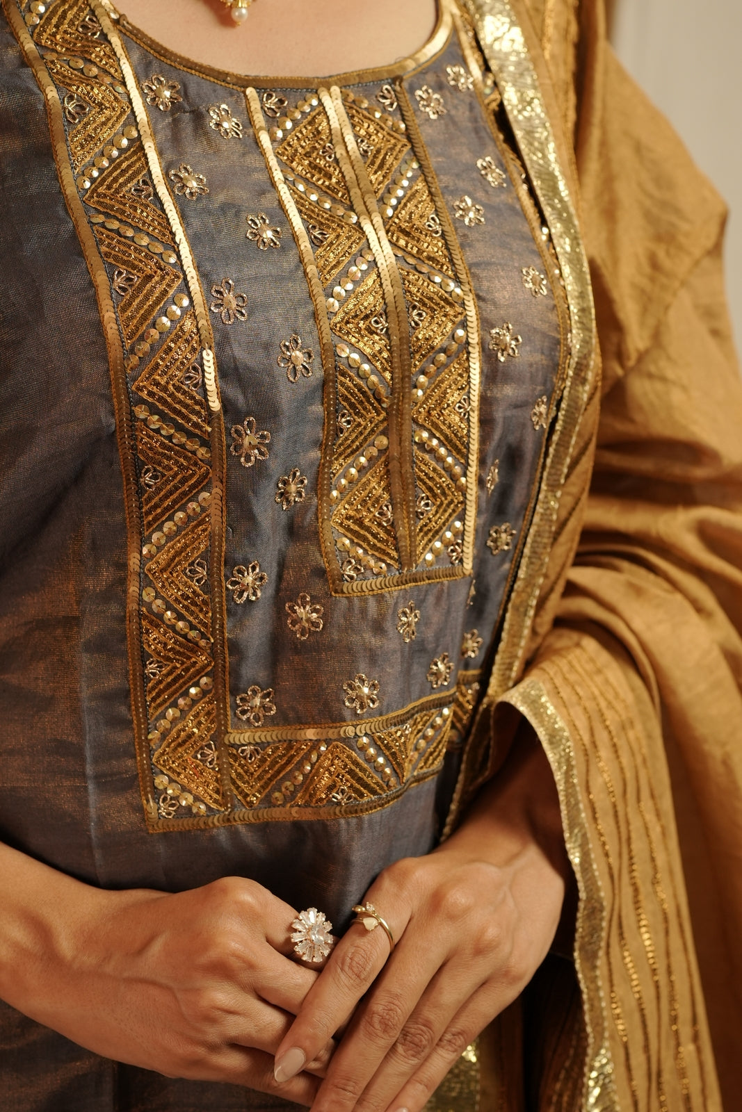 Metallic Bluish Grey Tissue Salwar Suite