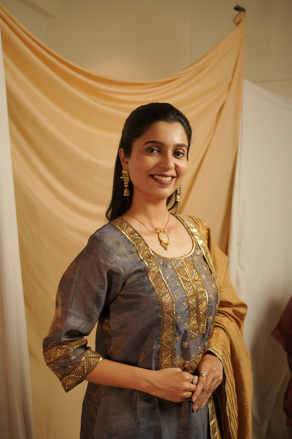 Metallic Bluish Grey Tissue Salwar Suite
