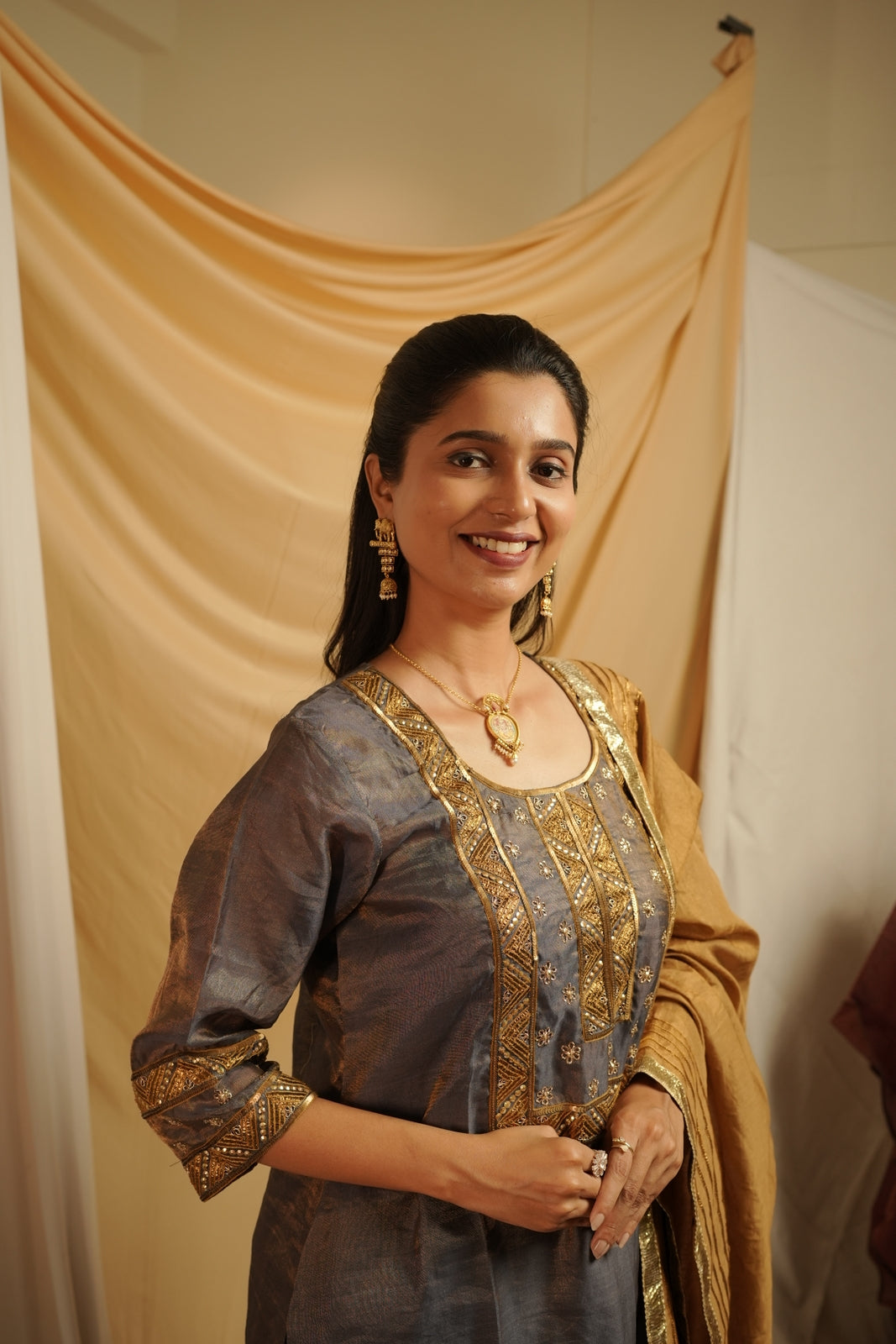 Metallic Bluish Grey Tissue Salwar Suite