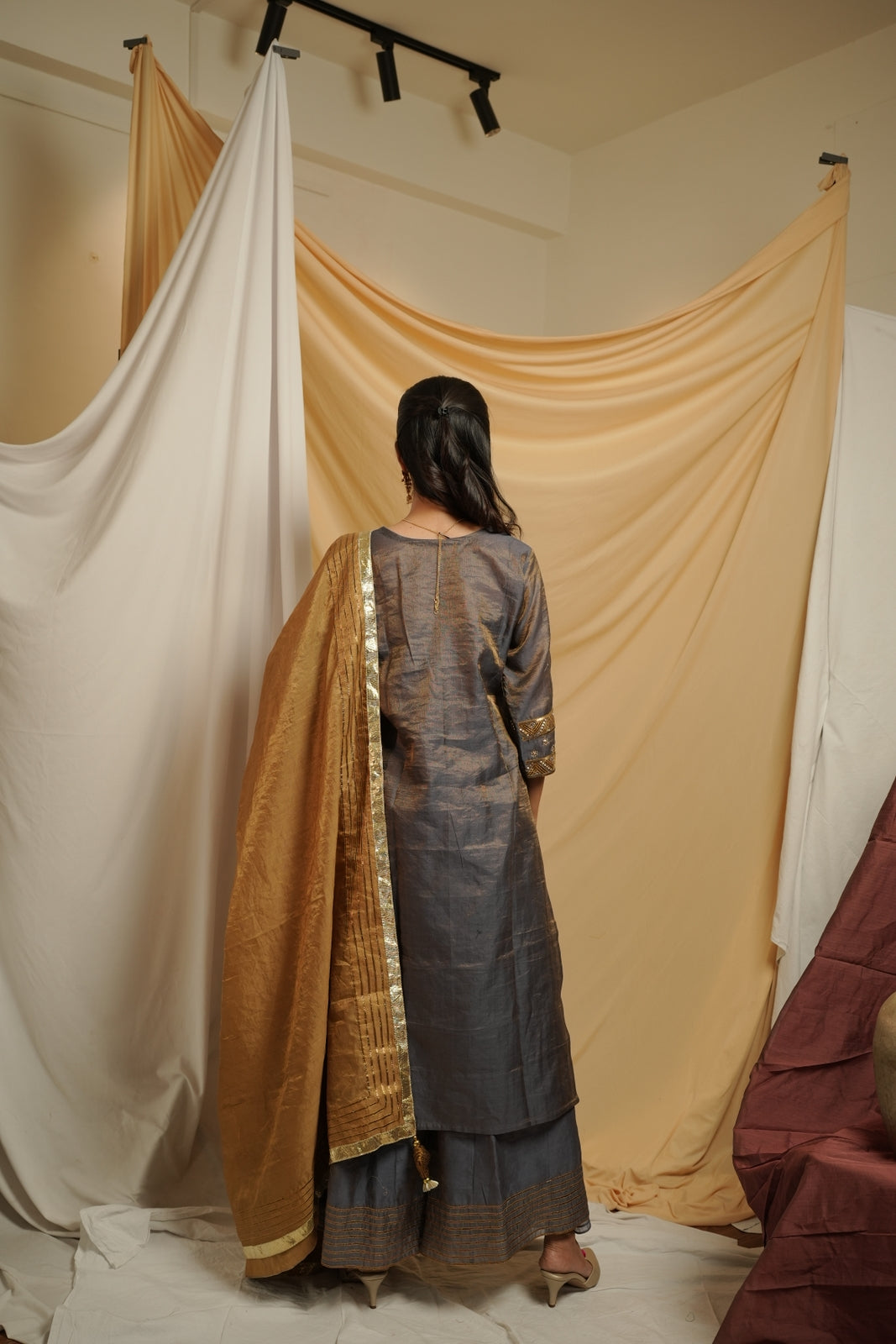 Metallic Bluish Grey Tissue Salwar Suite